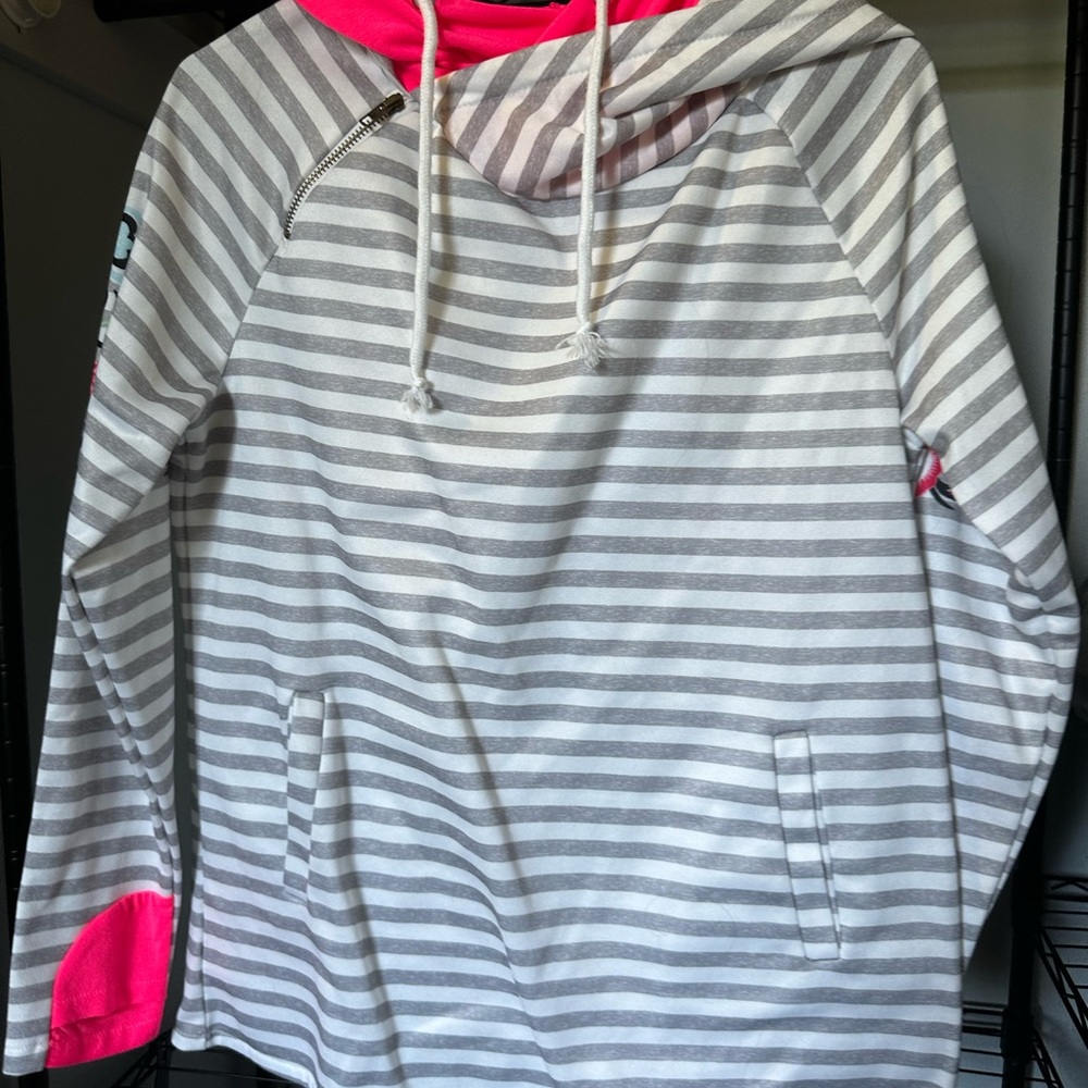 Gray and Pink Striped Hoodie